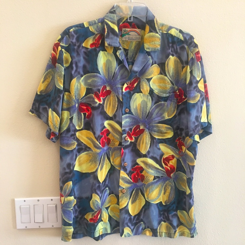 Paradise Found Floral Button Down Shirt blue grey Large Aloha Shirt Hawaiian